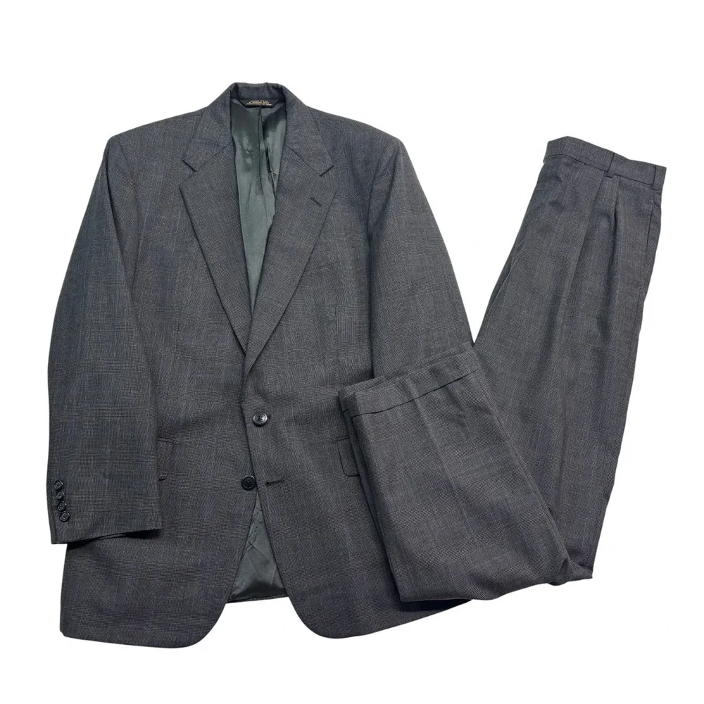 vtg 90s USA Made 44R 35x33 Gray Glen Plaid 2pc Pant Suit Pleated High Waisted